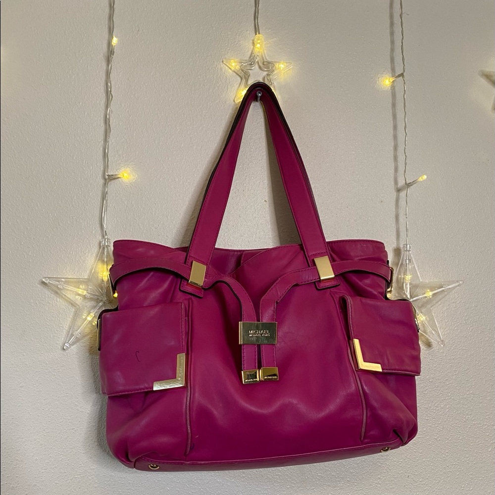 Michael Kors Magenta Pink Leather Satchel with Gold Hardware